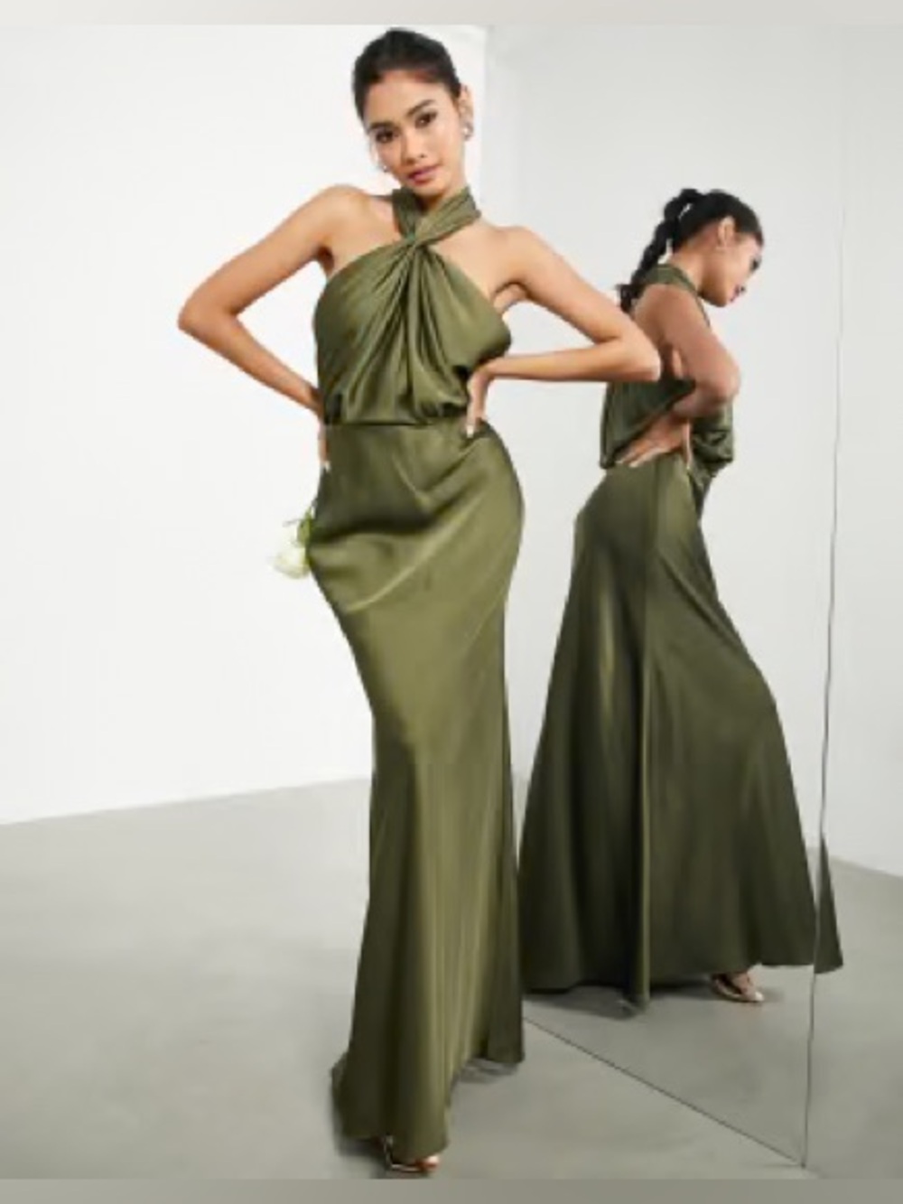 NWT ASOS Olive Green Halter Neck Mermaid Maxi Dress Size 4 Open Back Glam